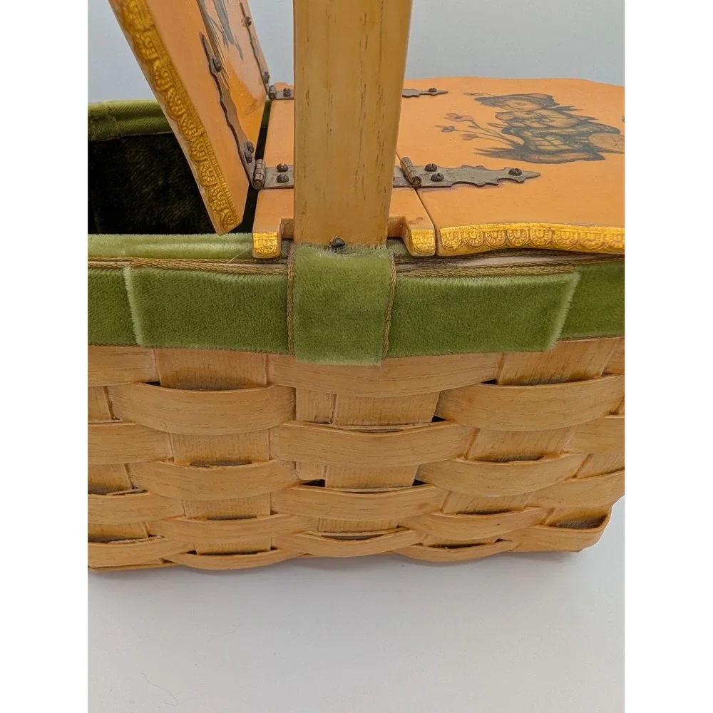 VTG Decoupage Woven Wood Picnic Basket Velvet Lined MCM Kitschy Decor Handbag
